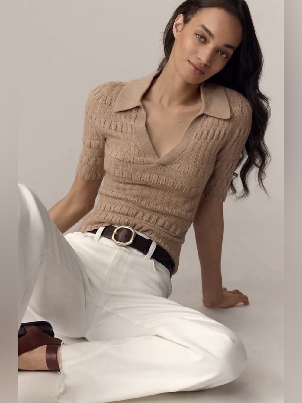 PAIGE Dune Short Sleeve Knit Polo Sweater Top M Camel Merino Wool Cashmere Luxe